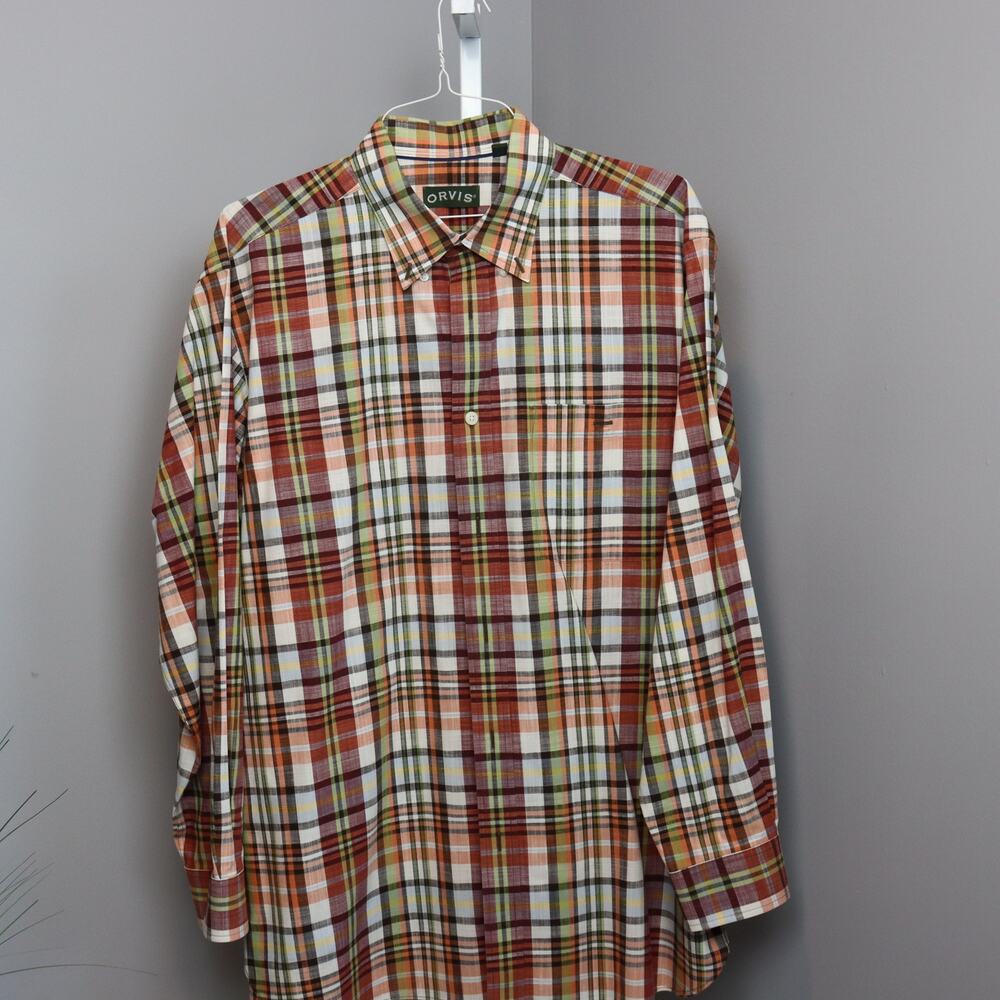 Orvis Mens Plaid Button Down Shirt Large Fall‎ Colors Classic Fit Cotton